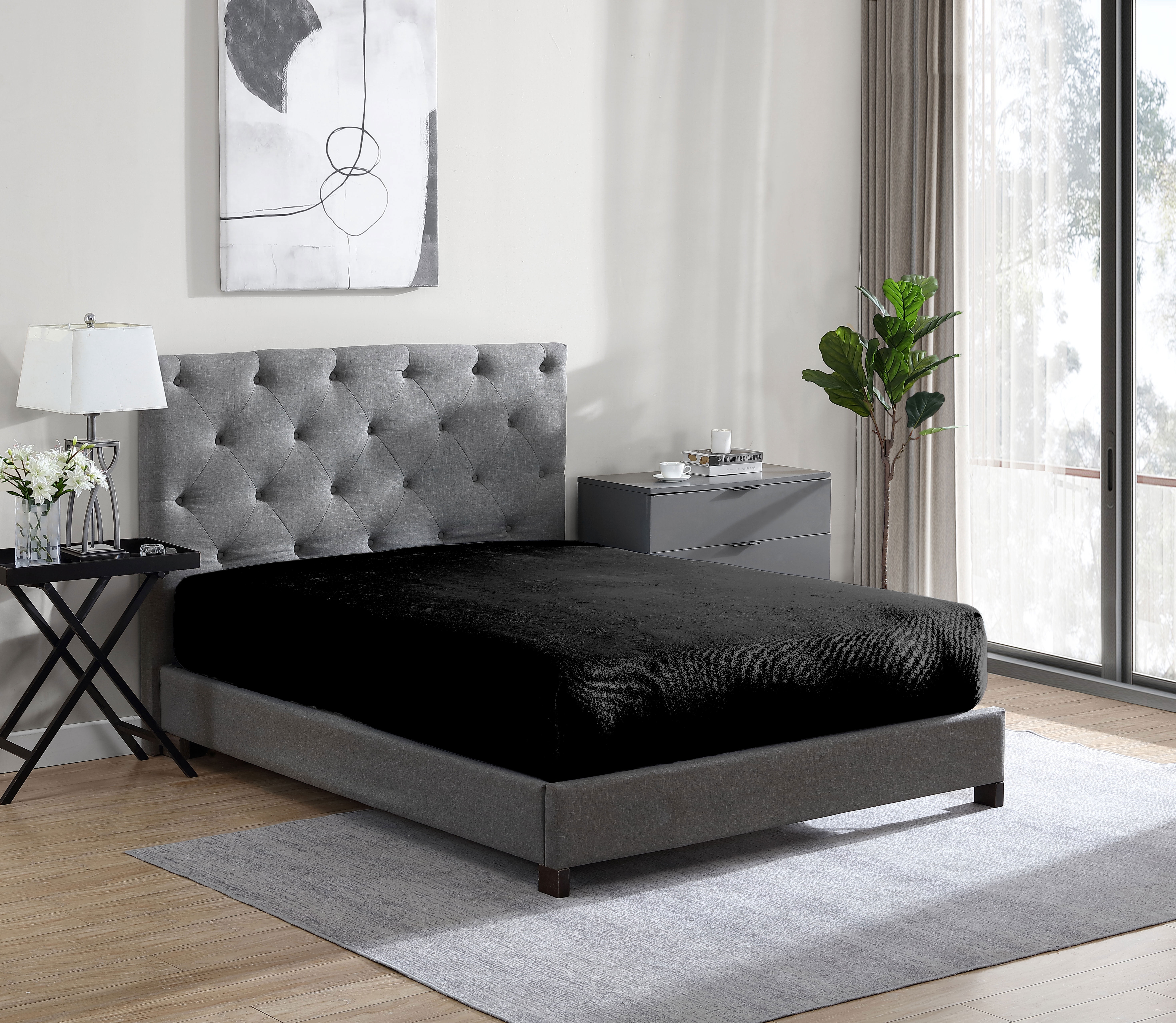 Swift Home Drap-housse de luxe 1 pièce en flanelle peluche, ultra-doux, poche profonde, chaleur toutes saisons, grand lit (Queen), Noir