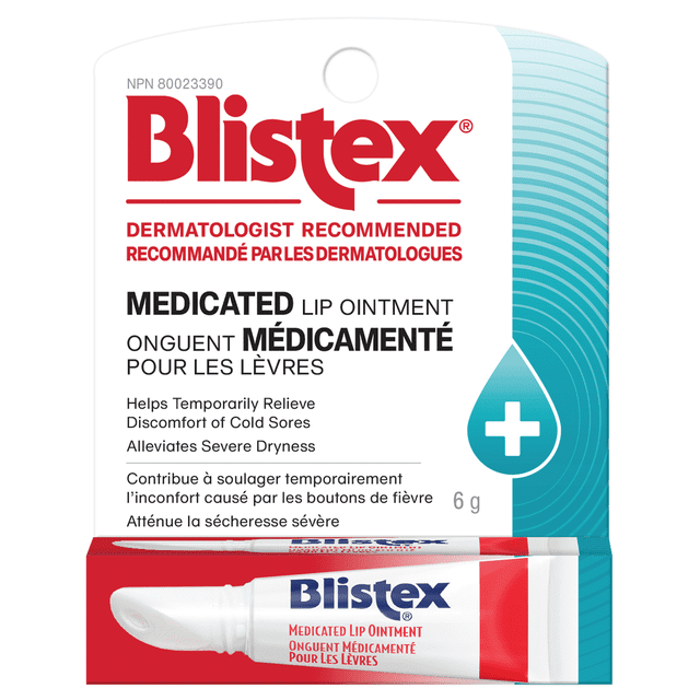 Blistex® Medicated Lip Ointment 6 g tube with white and red packaging, shown with bilingual English and French text stating dermatologist recommended, relieves cold sore discomfort, and alleviates severe dryness, designed for lip balm and treatment use in Canadian English.