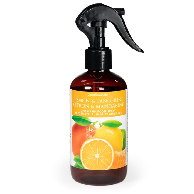 ScentSationals Room Spray - Lemon & Tangerine in a brown plastic bottle with a black trigger spray nozzle, featuring a yellow label with lemon, tangerine, and mandarin fruit images, essential oil infused for home and office aromatherapy and room freshening.