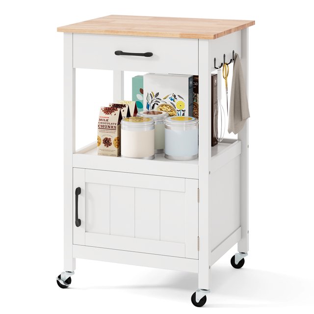 Gymax Rolling Kitchen Island Kitchen Cart w/ Rubber Wood Top Drawer White