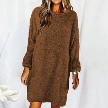 Frostluinai Chandail Sherpa pour Femmes en Molleton Duveteux à Manches Longues, Col Rond, Décontracté, Long, Chandail, Mode, Uni, Ample, Robe-Chemise