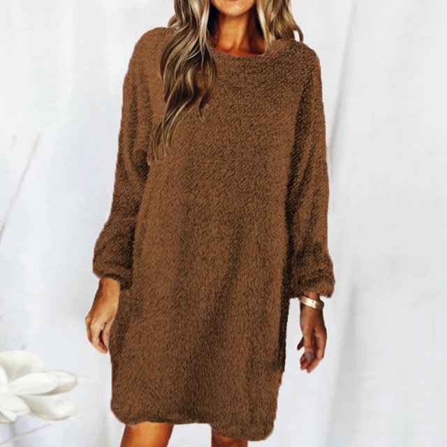 Mikilon Automne et Hiver Femmes Décontracté Uni Manches Longues Ample Col Rond Robe Chandail Duveteuse