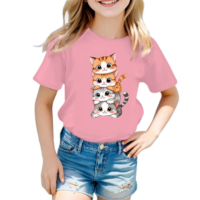 LUOGENLI T-Shirt pour Filles Enfant Filles Mignon Graphique Col Rond Manche Courte Tee Été Décontracté T-Shirt Longues Chemises pour Filles Noir 11-12 Ans
