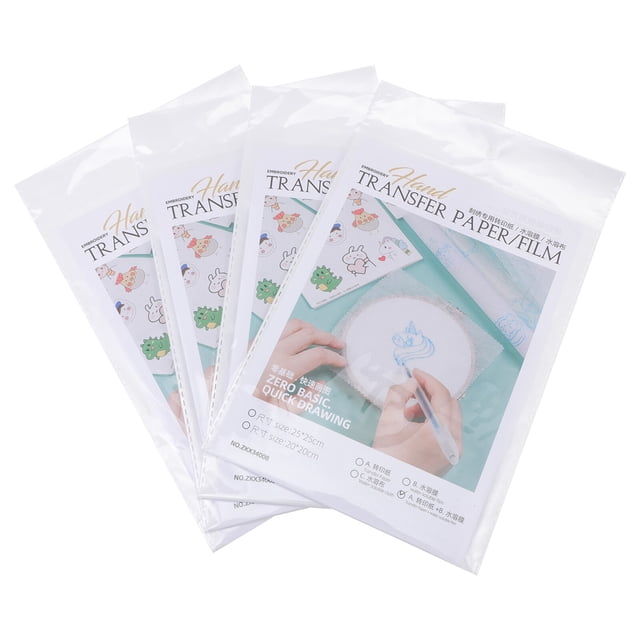 Miangastore 16Pcs Embroidery Stabilizer Water Soluble Film, transparent PVA material designed for DIY embroidery. Packaging displays transfer paper with embroidery designs and a hand sketching on the film. Suitable for bonding and stabilizing embroidery projects.