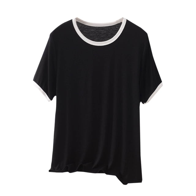 BLVB T-Shirts de Sommeil pour Femmes Coupe Ample Col Rond Manches Courtes Hauts de Pyjama en Modal Doux pour Détente Décontractée. un Haut de Pyjama Noir à Manches Courtes avec une Encolure Ras du Cou Blanche et une Garniture de Manches, Fabriqué à Partir de Tissu Doux et Respirant en Mélange de polyester. Idéal pour les Vêtements de Nuit et de Détente Décontractés pour Femmes.
