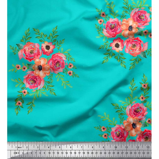 Soimoi Green polyester Crepe Fabric Flower Floral Print Fabric by Yard 42 Inch Wide