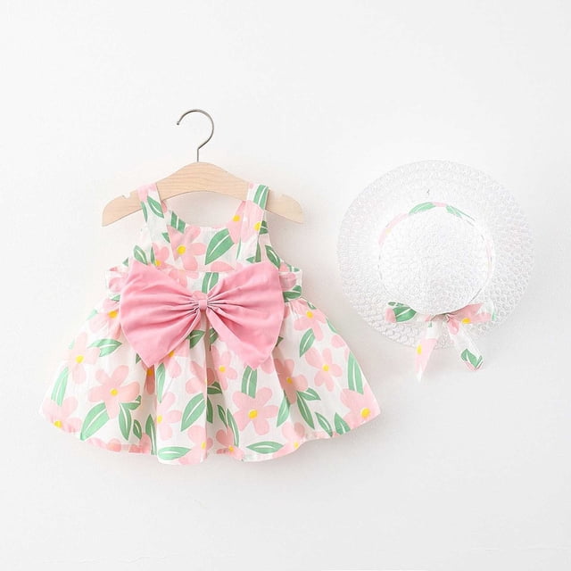 Robe Bébé Fille Sans Manches Robe Tutu Bébé Robes d'Été pour Filles avec Chapeaux 2 Pcs Tenues pour Nourrisson 1-2 Ans