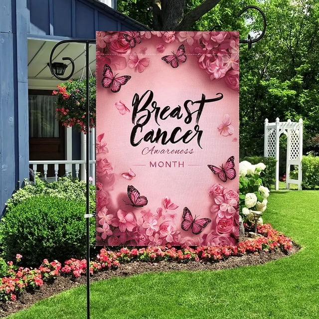 Chanana Breast Cancer Awareness Garden Flag Double Sided Outdoor Breast Cancer Pink Ribbon Butterfly Decorations Support Peace Hope Power Faith Holiday Small Yard Outdoor Decoration 12 X 18 In