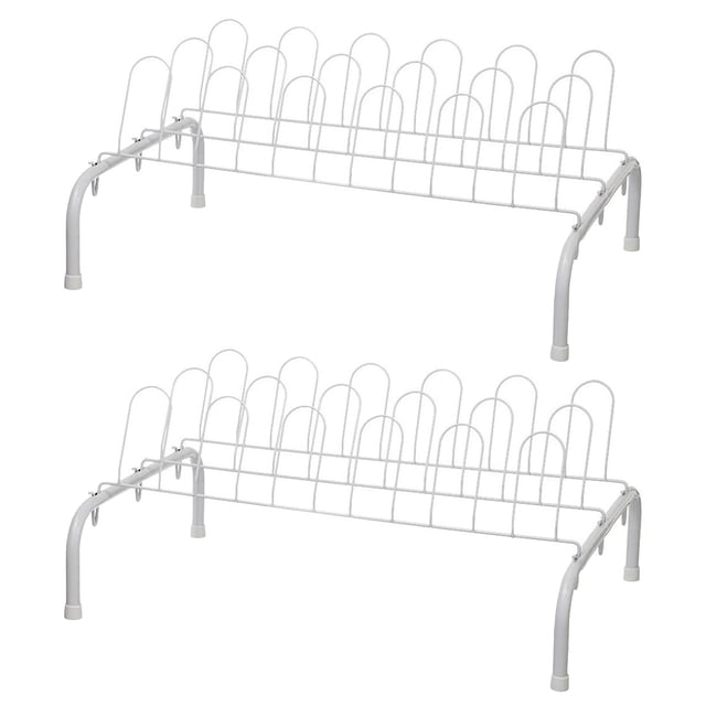 ClosetMaid Lightweight 9 Pair Freestanding Shoe Rack Organizer, White, 2 Pk. Two durable, epoxy-coated steel shoe racks designed for shoe storage and organization, each holding up to 9 pairs of shoes. Includes protective end caps and a compact design ideal for closets, mudrooms, or garages.