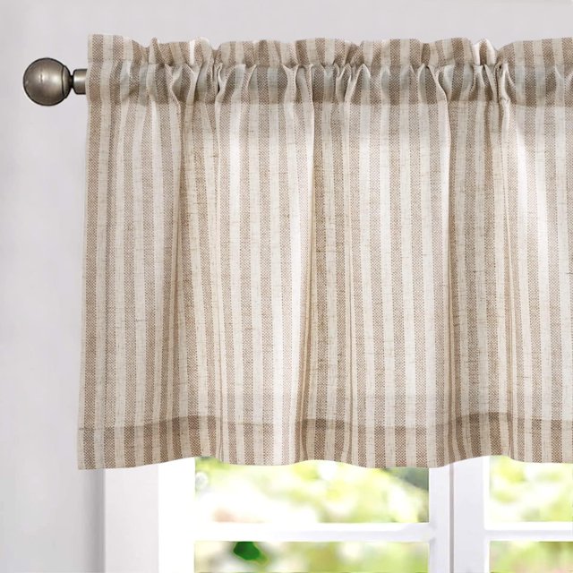 Valance Curtain Linen Textured Striped Window Curtain for Living Room Light Filtering Ticking Stripe Farmhouse Valance for Kitchen Rod Pocket 1 Panel 16 Inch Tan on Linen 1 Panel