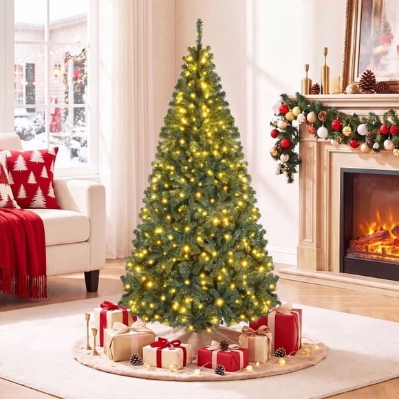 Gymax Arbre de Noël Pré-Illuminé de 5 Pi, Arbre Artificiel Articulé avec Support en Métal, Lumières DEL