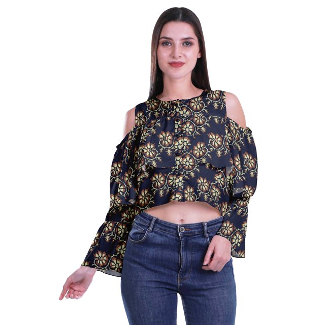 Moomaya Printed Casual Long Sleeve Tops Women Cold Shoulder Ruffle Sleeves Top