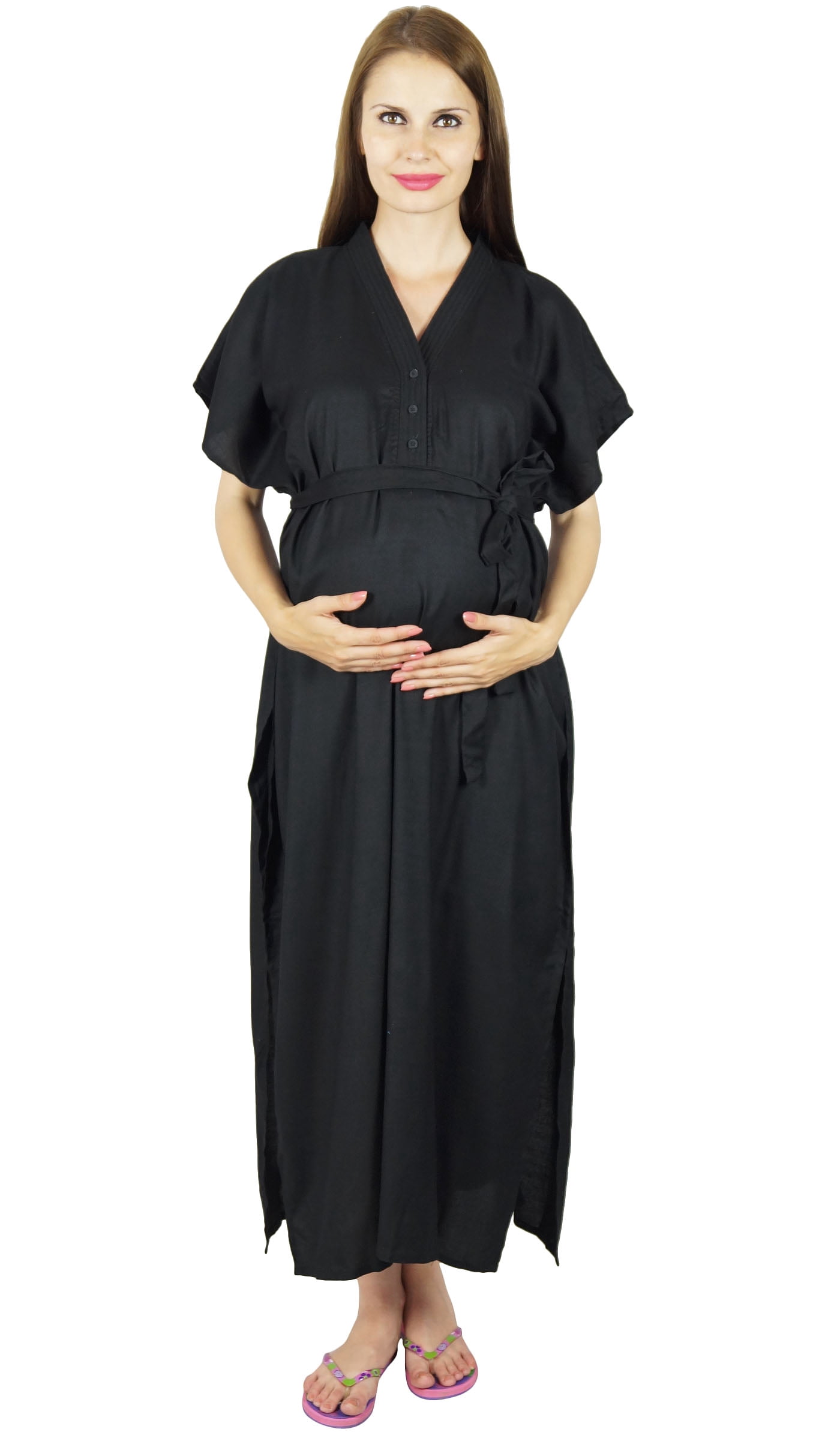 Bimba Maternity Hospital Kaftan With Belt Rayon Nursing Night Gown| Front & Back Buttons