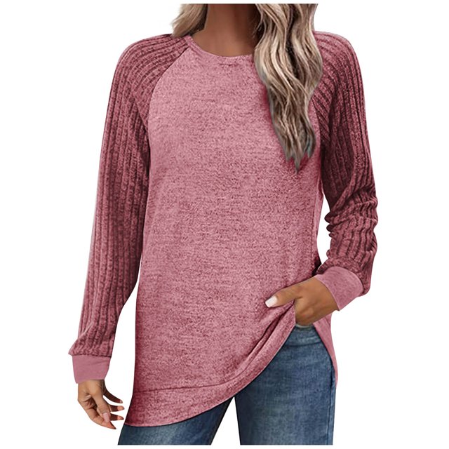 yoeyez Tunique en Tricot pour Femmes, Chandails à Manches Torsadées Patchwork, Col Ras du Cou Raglan, Chemises à Manches Longues, Hauts Mode Automne 2024, Rose, G