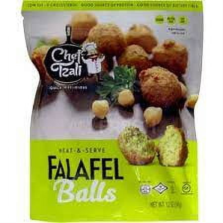 Chef Tzali Falafel Balls Heat & Serve 340g package showing golden-brown falafel balls with a textured surface, one split open to reveal a green interior, accompanied by chickpeas and parsley, suitable for Middle Eastern frozen and prepared foods.