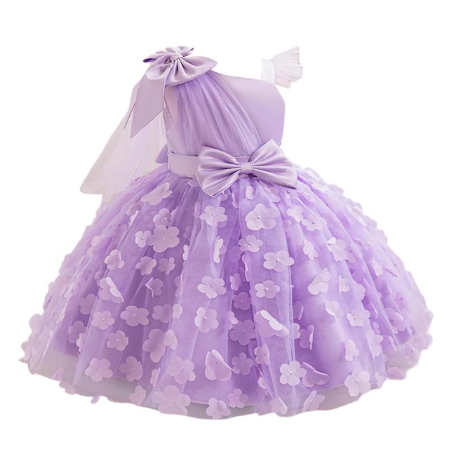 Robe pour Filles Robe de Princesse pour Tout-Petites Robe de Fête Premier Anniversaire avec Broderie de Fleur 3D Robe Fille Violet 4 Ans-5 Ans