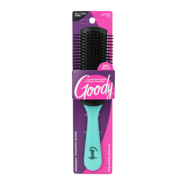 GDY RUBBER STYLER styler brush with a black anti-static rubber base and turquoise handle, designed for controlled styling and smoothing hair, suitable for all hair types, shown in purple and pink Goody packaging, also ideal for detangling wet or dry hair.