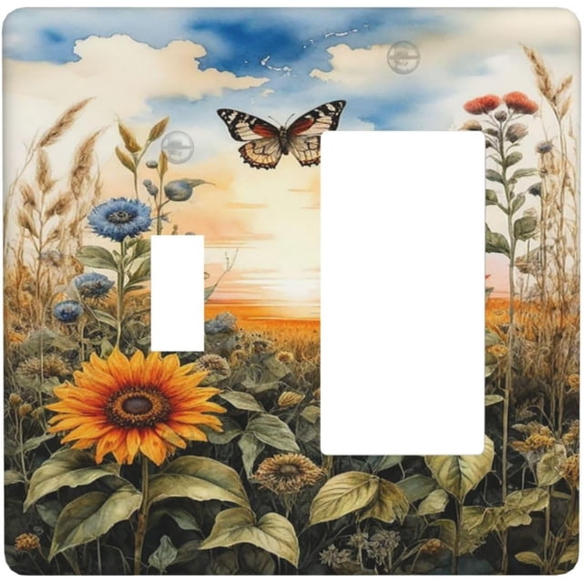 Outlet Covers Garden Sunflowers Flower Plants Leaves Butterflies Sunrise Sunset 1 Toggle 1 Rocker Combination Decorative Wall Plate Light Switch Cover Plate Electrical Switch Plates for Bedroom Decor