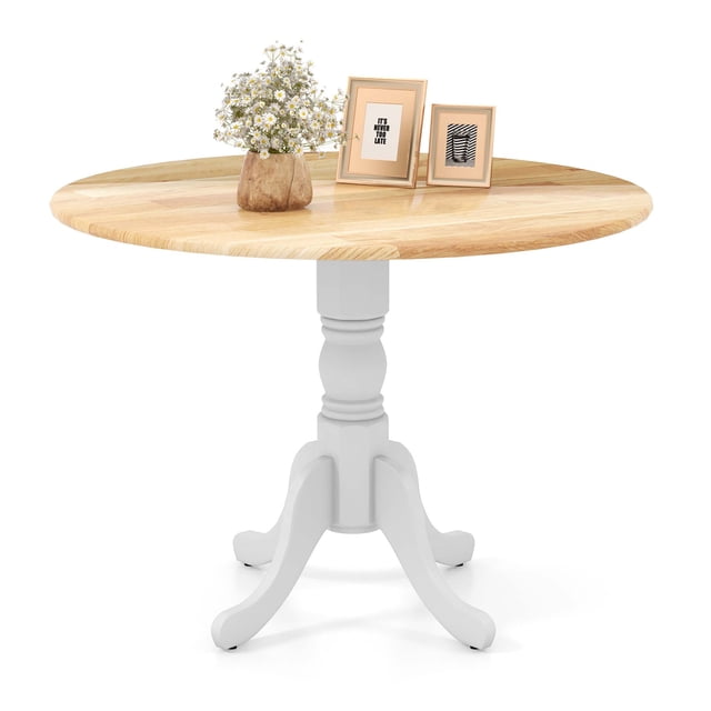 Costway 4-Person Dining Table Wooden Kitchen Table with Solid Rubber Wood Frame for Kitchen White&Natural
