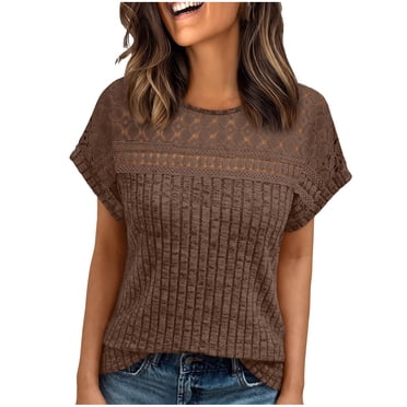 BLVB Hauts pour Femmes Décontractés à Col Rond à Manches Courtes en Tricot Côtelé Ajouré Chemises Amples d'Été Mode Tuniques Hauts Blouses