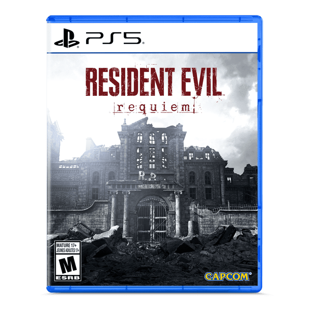 Resident EvilTM Requiem PlayStation 5 survival horror game cover Montrant un Bâtiment de Pierre Détruit avec des Portes Barrées et des rubble devant sous un Ciel Nuageux, avec un Texte de Titre Rouge Usé et le logo Capcom en Bas à Droite.