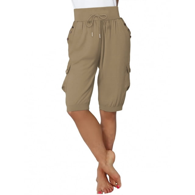 Pantalon Cargo Ample Décontracté pour Femmes, Uni, à Cordon de Serrage, Jambe Grand, Court