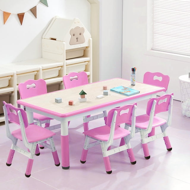 Ensemble Table pour Enfants et 6 Chaises, Bureau et Chaise pour Tout-Petits à Hauteur Réglable, Table Multi-Activités pour Enfants avec Plateau Anti-Graffiti pour 2 à 10 Ans, Max 300 Lb Ensemble Table pour Enfants et 6 Chaises, Hauteur Réglable T