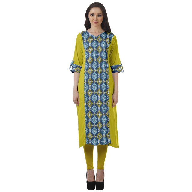 Moomaya Women Printed Kurti Knee Length Kurta Tunic Tops V Neck Plus Size Dress