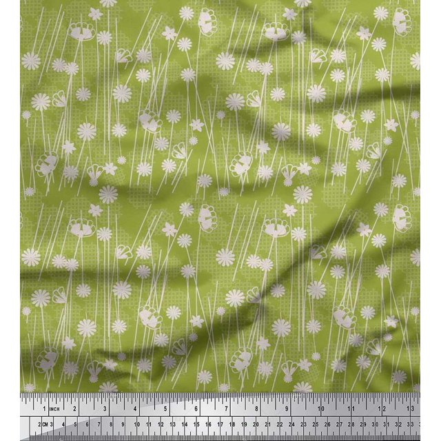 Soimoi Moss Georgette Fabric Geometrical Check & Aster Floral Decor Fabric Printed Yard 42 Inch Wide
