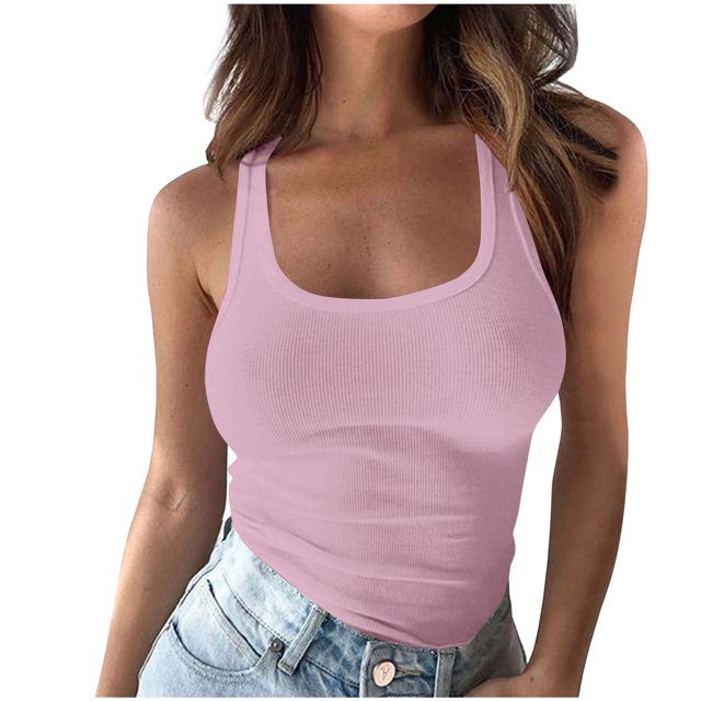 Olyvenn Womens Plus Size Tank Tops Ribbed Stretch Tanks Top Sleeveless Square Neck Shirts Cami Solid Tanks Going Out Tunics Pink XXL