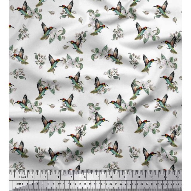 Soimoi Georgette Viscose Fabric Leaves,Flower & Humming Bird Print Fabric by Yard 42 Inch Wide