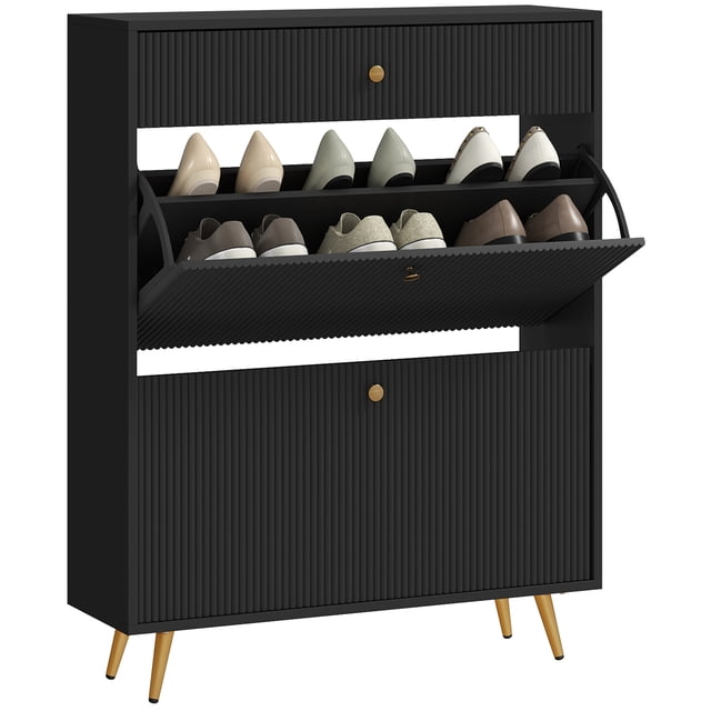 HOMCOM Armoire de Rangement pour Chaussures avec 2 Tiroirs Basculants pour 12 Paires de Chaussures, Noir. Armoire de Rangement Mince pour Entrée, Vue Frontale avec Panneaux Cannelés Façon Vague et Poignées Dorées chic, Deux Tiroirs Basculants plus Petit Tiroir Supérieur, Dessus Plat pour Déco, Tablettes Ajustables; 31.5 Pouces L x 9.4 Pouces P x 40 Pouces H. Aussi Souvent Utilisé comme Organisateur compact de Couloir pour le Courrier et les Clés.