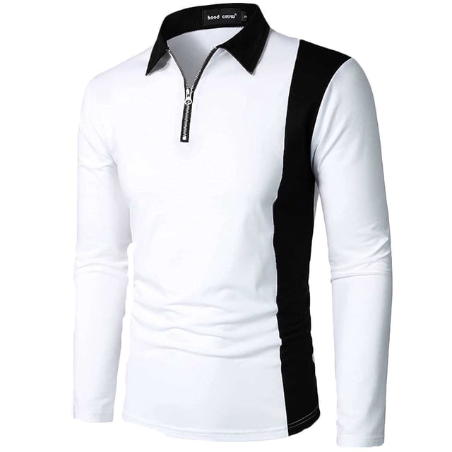 yievot Chemise à Col à Revers pour Homme à Manches Longues, Couture Bicolore, Mode, Fermeture Éclair, Manches Longues, Polo à Col Rabattu