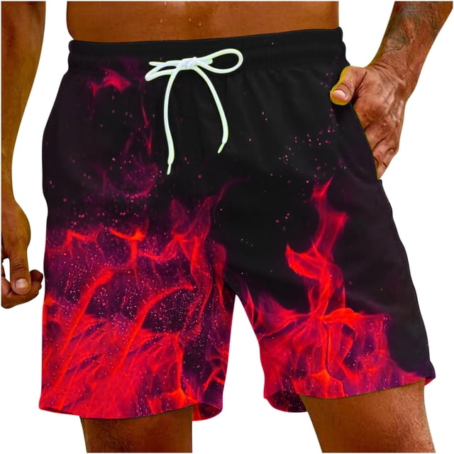 Penkiiy Shorts de Carnaval, Shorts de Basketball pour Hommes Décontractés d'Entraînement Athlétiques, Shorts en Maille à Imprimé Graphique de Flammes, Short de Course 2TG Rouge