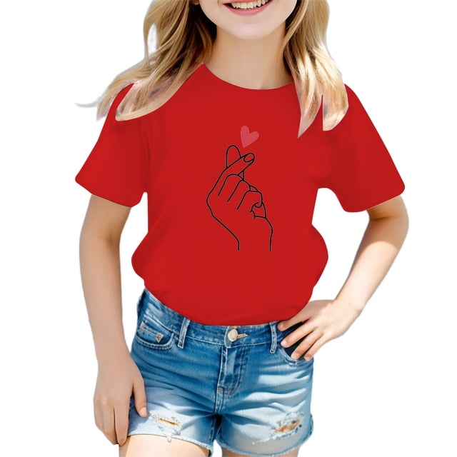 PMVFHDE Hauts Tube pour Filles T-Shirt à Manches Courtes pour Fille T-Shirt Fille T-Shirt Mignon pour Filles Hauts pour Fille Enfant T-Shirt Graphique Mignon à Col Rond à Manches Courtes T-Shirt d'Été Décontracté Rouge, 3-4 Ans