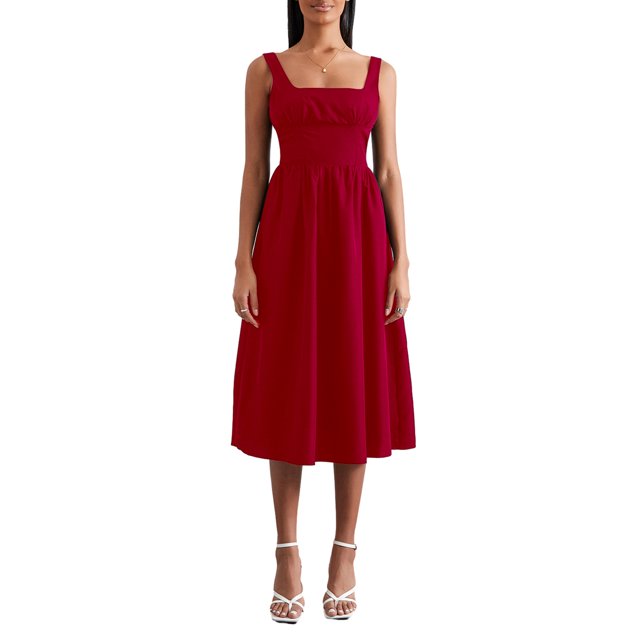 EYIIYE Robe Camisole Midi d'Été pour Femmes, Robe de Cocktail Sans Manches pour Dames, Dos Nu, Taille Haute, Robe Décontractée, Robe de Fête de Couleur Unie pour Fête et Vacances