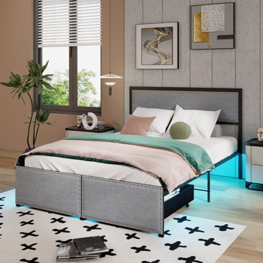 Gymax Full Size Bed Frame w/ 2 Storage Drawers LED Lights Slats Support Modern