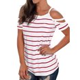 thumbnail image 3 of Women Horizontal Stripe Printed Cold Shoulder Scoop Neck Short Sleeves Shirt, 3 of 4