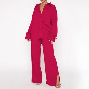 EQWLJWE Summer Saving Clearance ! Women's Spring And Summer Fashion Long-Sleeved Loose Pleated Wide-Leg Pants Two-Piece Casual Suit Women Outfits Sets Summer Plus Size