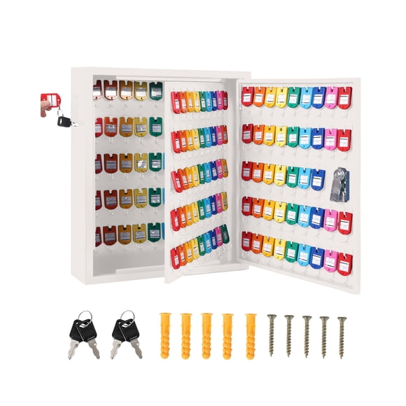 133-Key Steel Wall Mounted Key Cabinet Organizer with Lock – Numbered Hooks & Colored Tags – Secure Heavy Duty Storage for Home, Office, Hotel, Garage – White, 133 Pieces