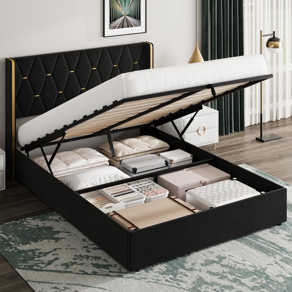 Yiwa Velvet Upholstered Lift-Up Storage Bed, Gold Wingback Headboard with Diamond Tufting, Hydraulic Support Base, No Box Spring Required