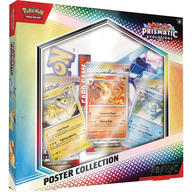 Pokémon TCG : Scarlet & Violet-Prismatic Evolutions Collection d'Affiches Présentant des Cartes promo en Feuille de Flareon, Jolteon et Vaporeon dans une Boîte Multicolore avec une Affiche et Trois Paquets booster, Mettant en Valeur les Évolutions de Kanto d'Eevee dans le Jeu de Cartes à Collectionner Pokémon.