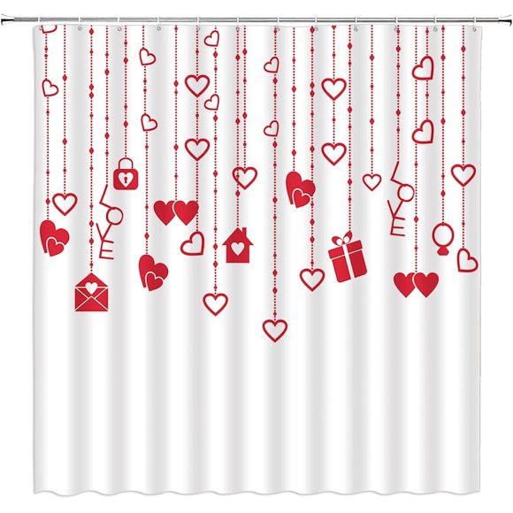Rideau de Douche de la Saint-Valentin Rouge, Boîte Cadeau Cœur d'Amour, Couple, Doux, Romantique, Créatif, Tissu Décoratif, Rideaux de Salle de Bain avec Crochets, Rouge Blanc