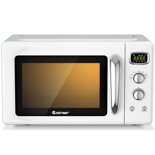 Costway Four à Micro-Ondes Rétro Compact de Comptoir 0,9 Pi3 900 W en Blanc, Doté d'Un design Rétro, d'Un Écran DEL et de Deux Boutons Mécaniques pour une Utilisation simple. Comprend 8 Réglages de Cuisson, un Verrouillage pour Enfants et un Plateau Tournant en Verre Rotatif pour un Chauffage Uniforme. Format Compact Convenant aux Appartements, Dortoirs Ou Bureaux.