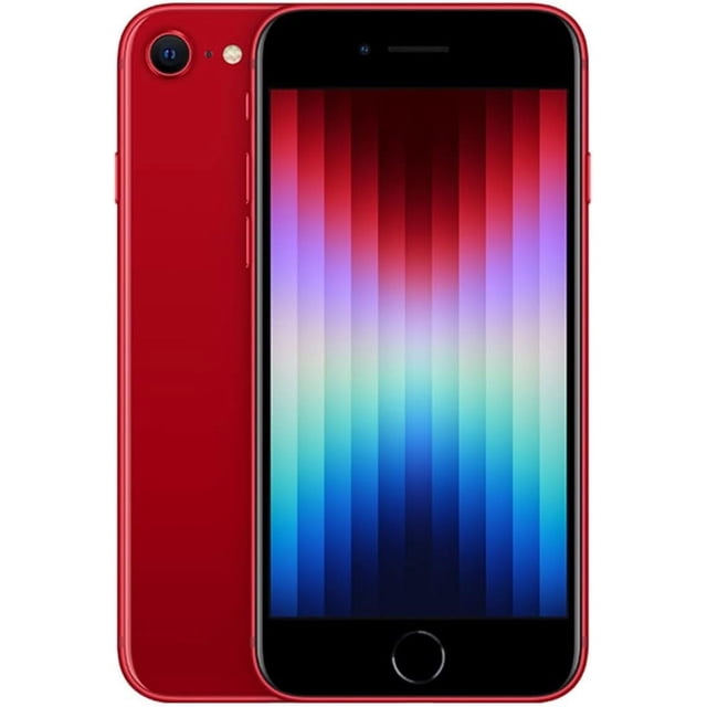Apple iPhone SE 64GB (3rd Generation) – Refurbished (Unlocked) shown in a vibrant red finish. Features a 4.7-inch Retina HD display with 1334 x 750 resolution, a Home button with Touch ID, and a 12MP wide camera. Powered by the A15 Bionic chip, it supports 5G connectivity and offers up to 15 hours of video playback. Comes with a charging cable, ejector pin, and aftermarket white box. Refurbished with 8/10 condition and a minimum 90-day seller-backed warranty.
