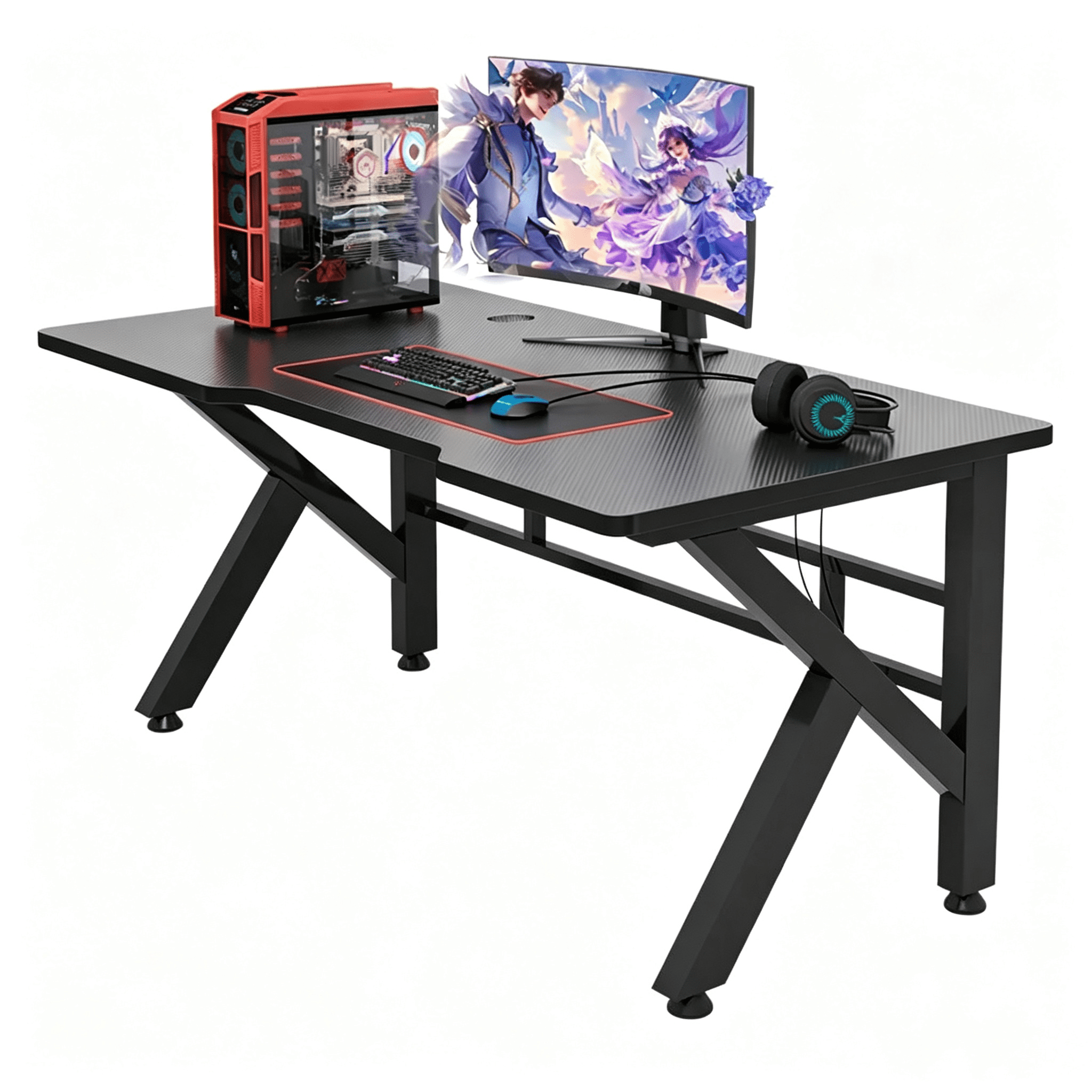 Yivke 47 Inch Gaming Desk, K-Shaped Legs Computer Desk with Carbon Fiber Surface, Dual Cable Grommets, Gaming Table for Home Office, Black