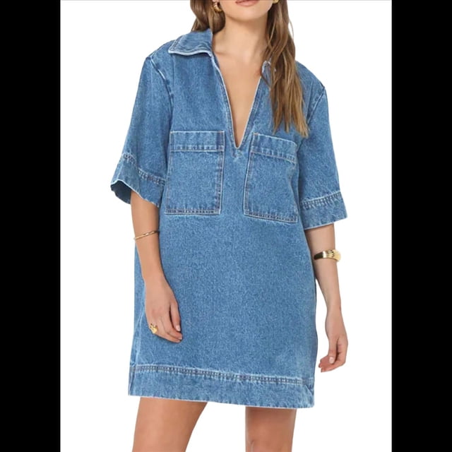 Womens Summer Collared V Neck Mini Casual Jean Dresses with Pockets XL