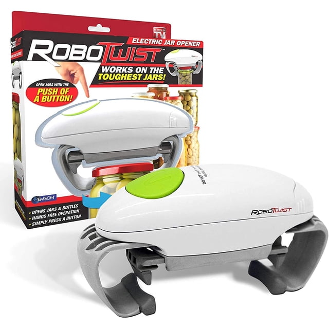 Robo Ouvre-Bocal Électrique Automatique à Torsion Vu à la Télé, Ouvre-Bocal Mains Libres à une Touche, Petit Appareil Blanc compact Montré Orienté vers l'Avant; Se Place sur le Couvercle et Pivote pour Déboucher avec Bouton de Commutation Facile, Fonctionne avec Deux Piles AA, Pince Réglable Convient à Plusieurs Tailles de Bocaux et Offre une Prise Ferme, Souvent Utilisé pour Ouvrir des Bocaux de Confiture, de Marinades et de Sauces pendant la Préparation des Aliments.