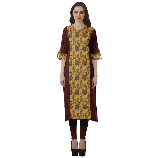 Moomaya Kurtis Droits Imprimés pour Femmes, Col en V, Manches Retroussables, Kurta Tunique