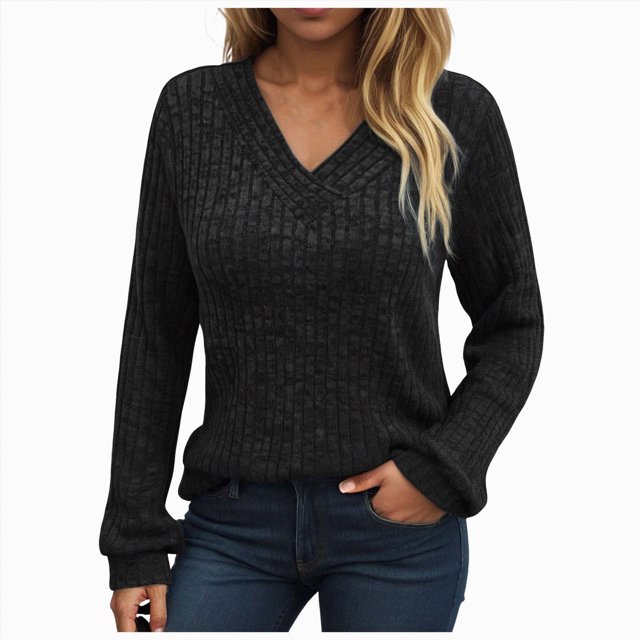 WUANDIXFA Hauts d'Automne pour Femmes Chandails à Manches Longues pour Femmes Tuniques à Col Rond Coupe Chic Décontractée Chandails Légers d'Automne Vêtements Mode Noir,m